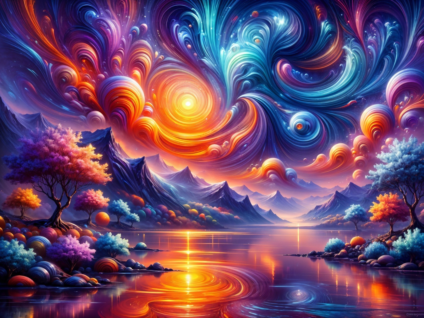 Vibrant Landscape with Colorful Sky and Tranquil Lake