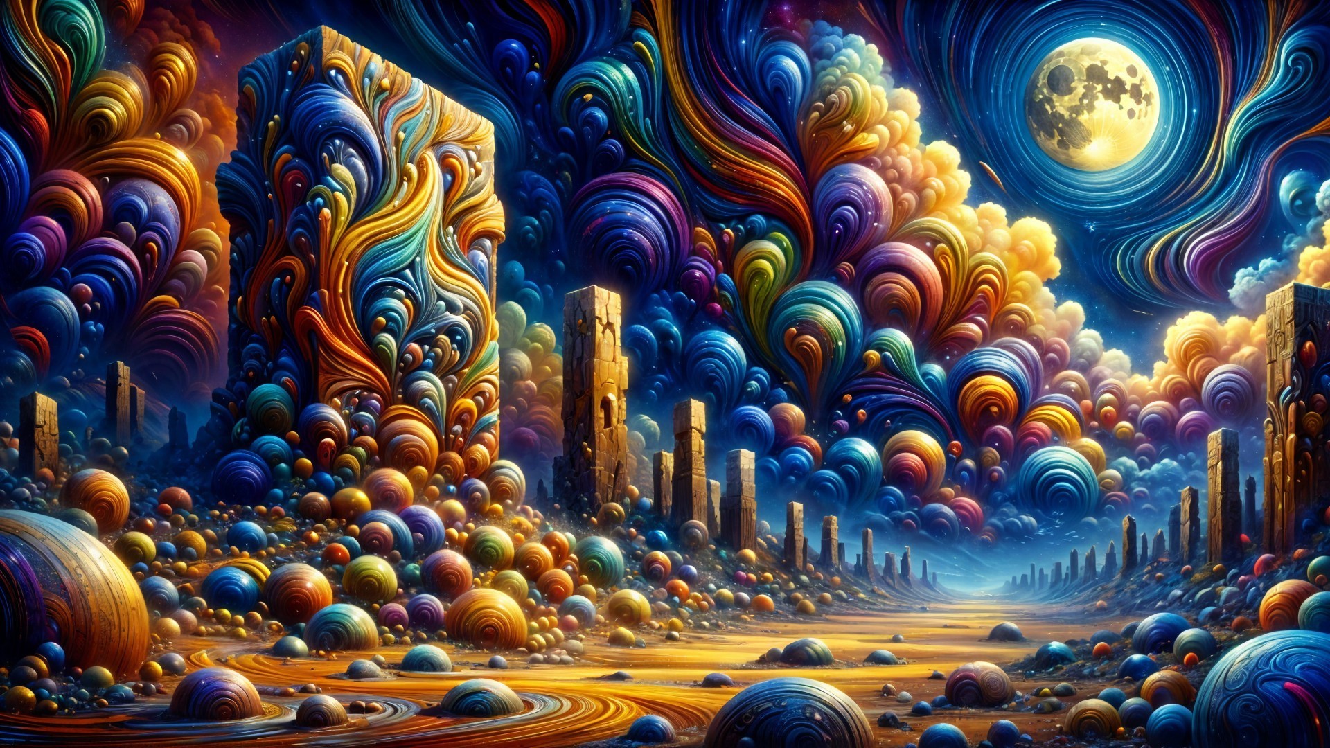 Surreal landscape with vibrant colors and abstract forms