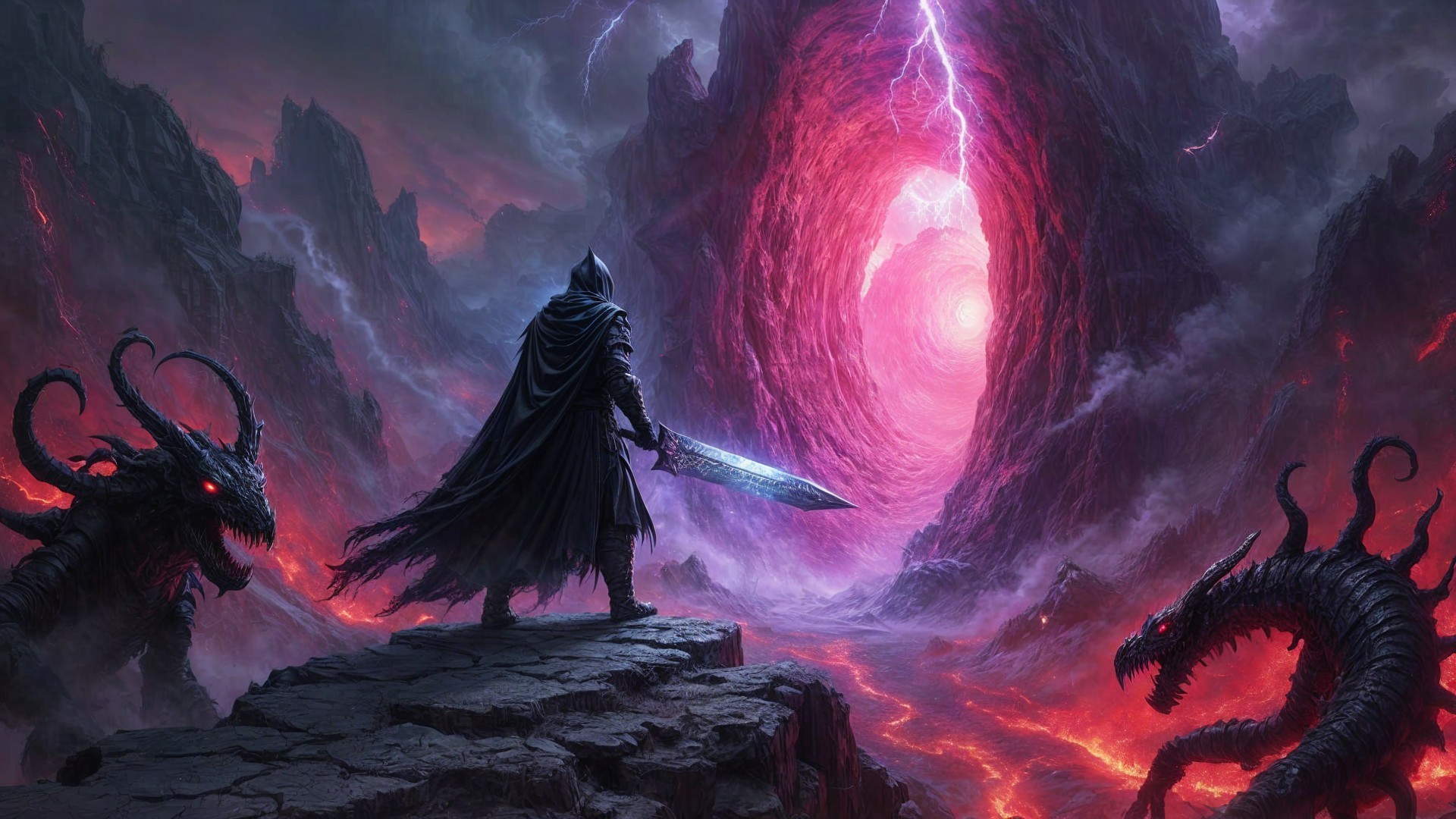 Dark Landscape with Cloaked Figure and Portal