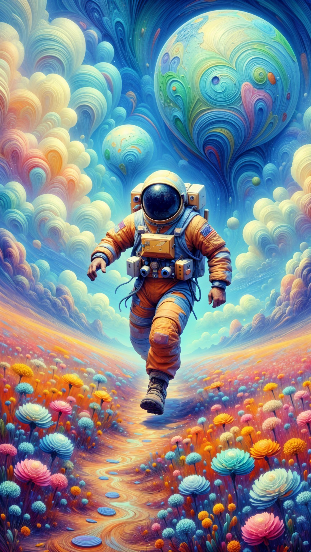 Astronaut in Orange Suit in Whimsical Landscape