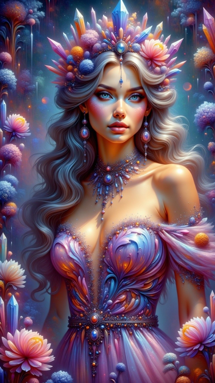 Colorful Gown and Dreamlike Floral Landscape