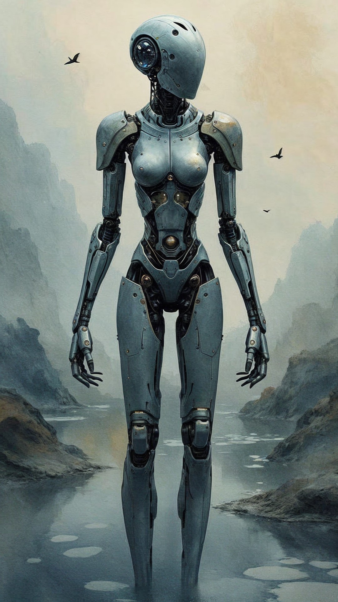 Humanoid Robot in Serene Landscape with Reflections
