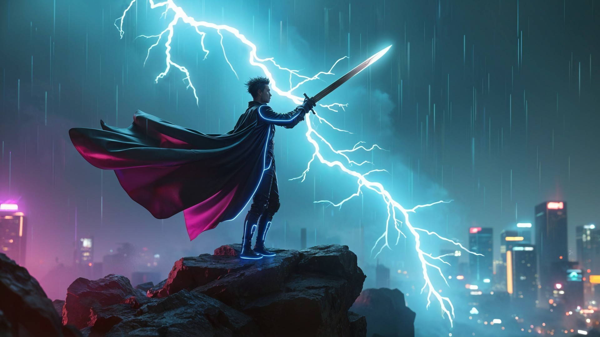 Heroic Figure with Glowing Sword in Stormy Setting