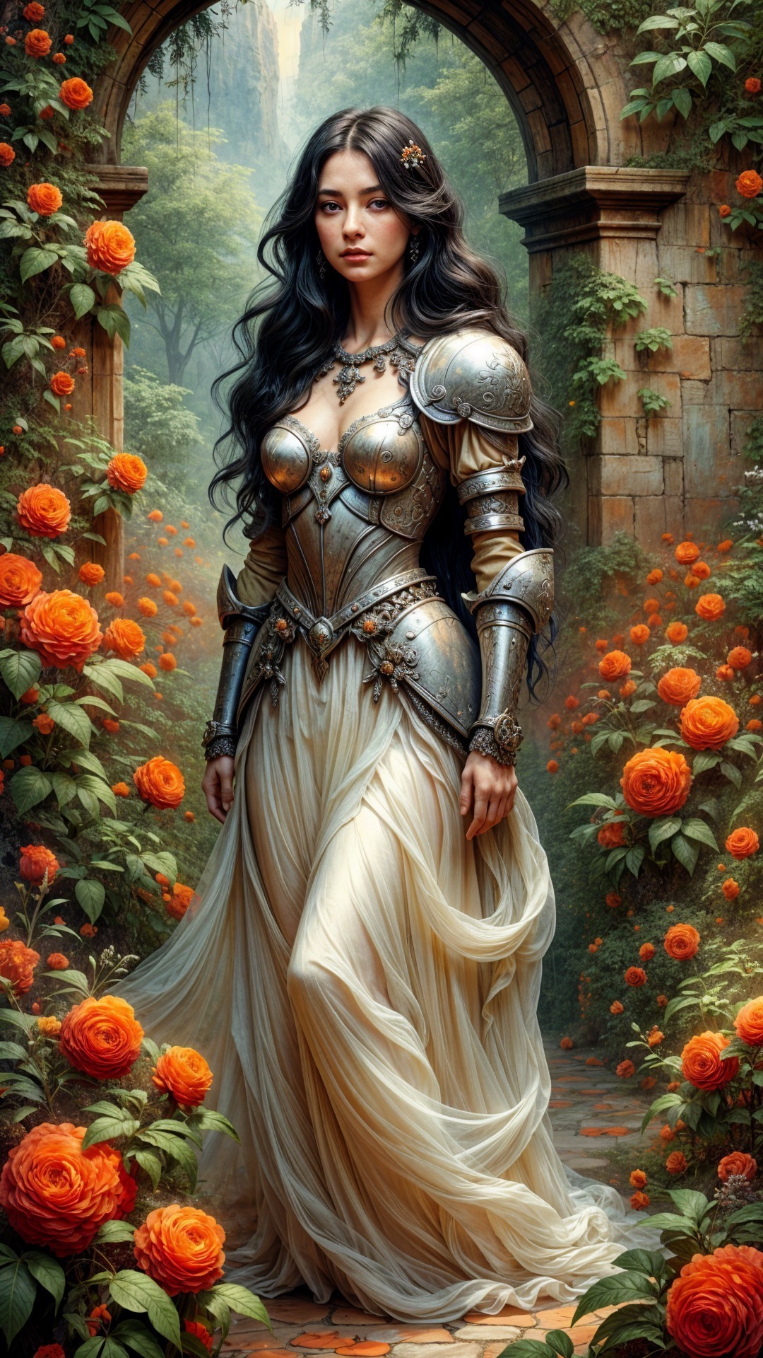 Regal warrior in silver armor in enchanting garden