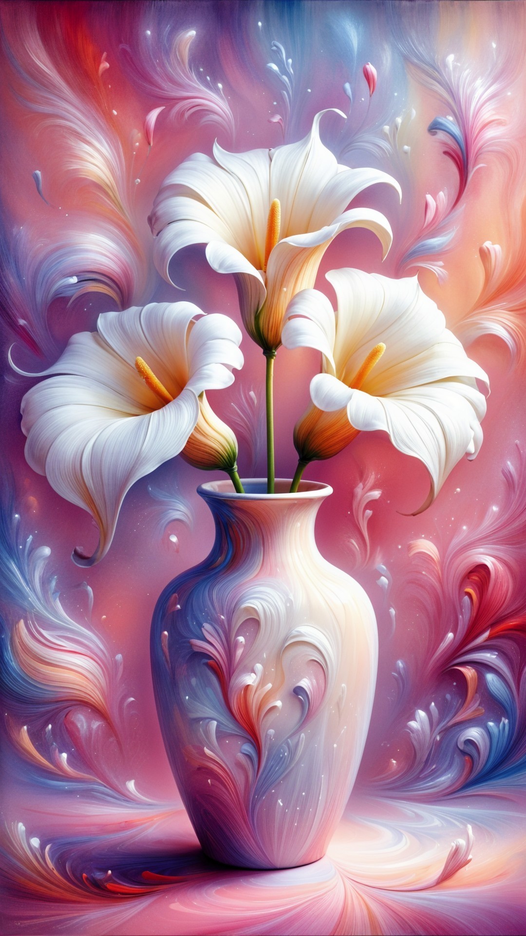 Abstract Artwork of Vase with White Lilies and Colors