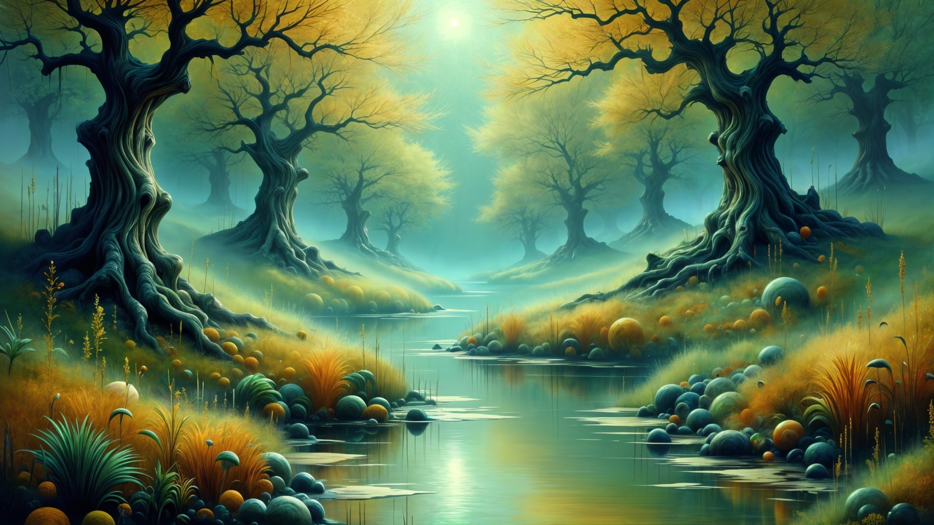 Serene Autumn Landscape with Gnarled Trees and River