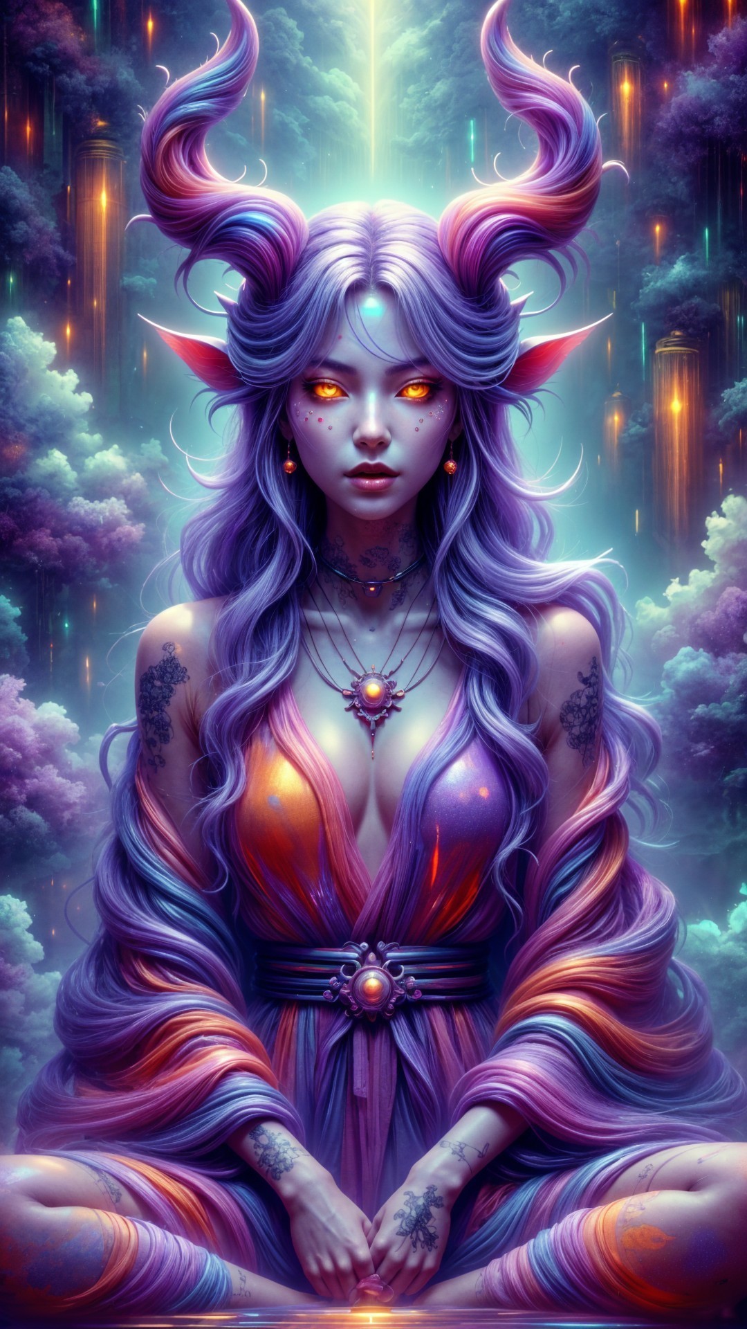 Mystical Figure with Purple Hair in Meditative Pose