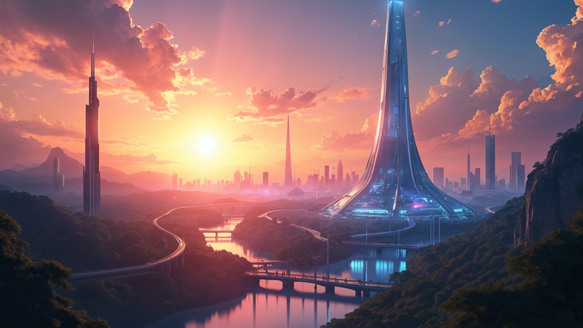 Futuristic cityscape at sunset with vibrant colors