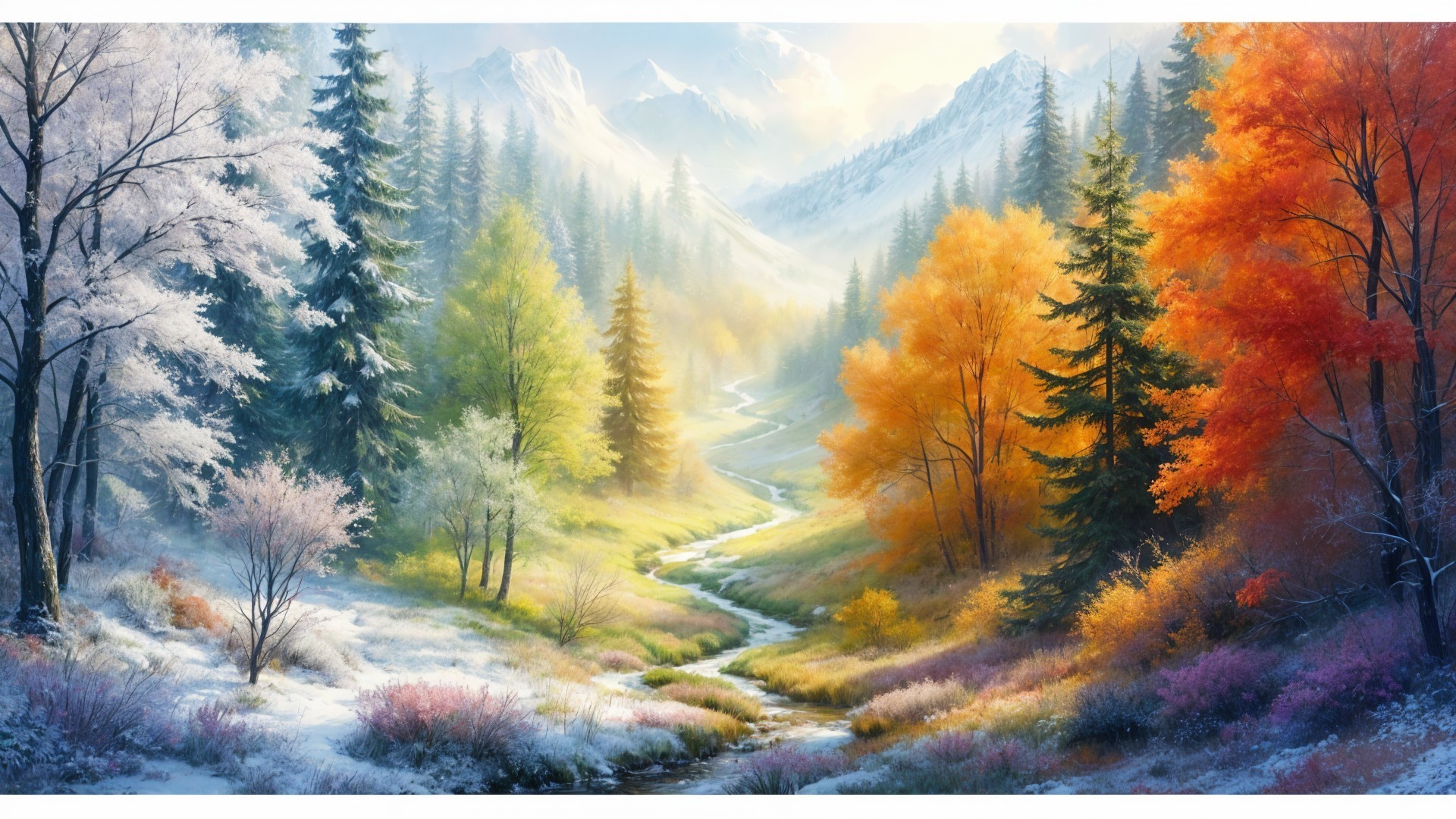 Seasonal Landscape with Mountains and Vibrant Foliage