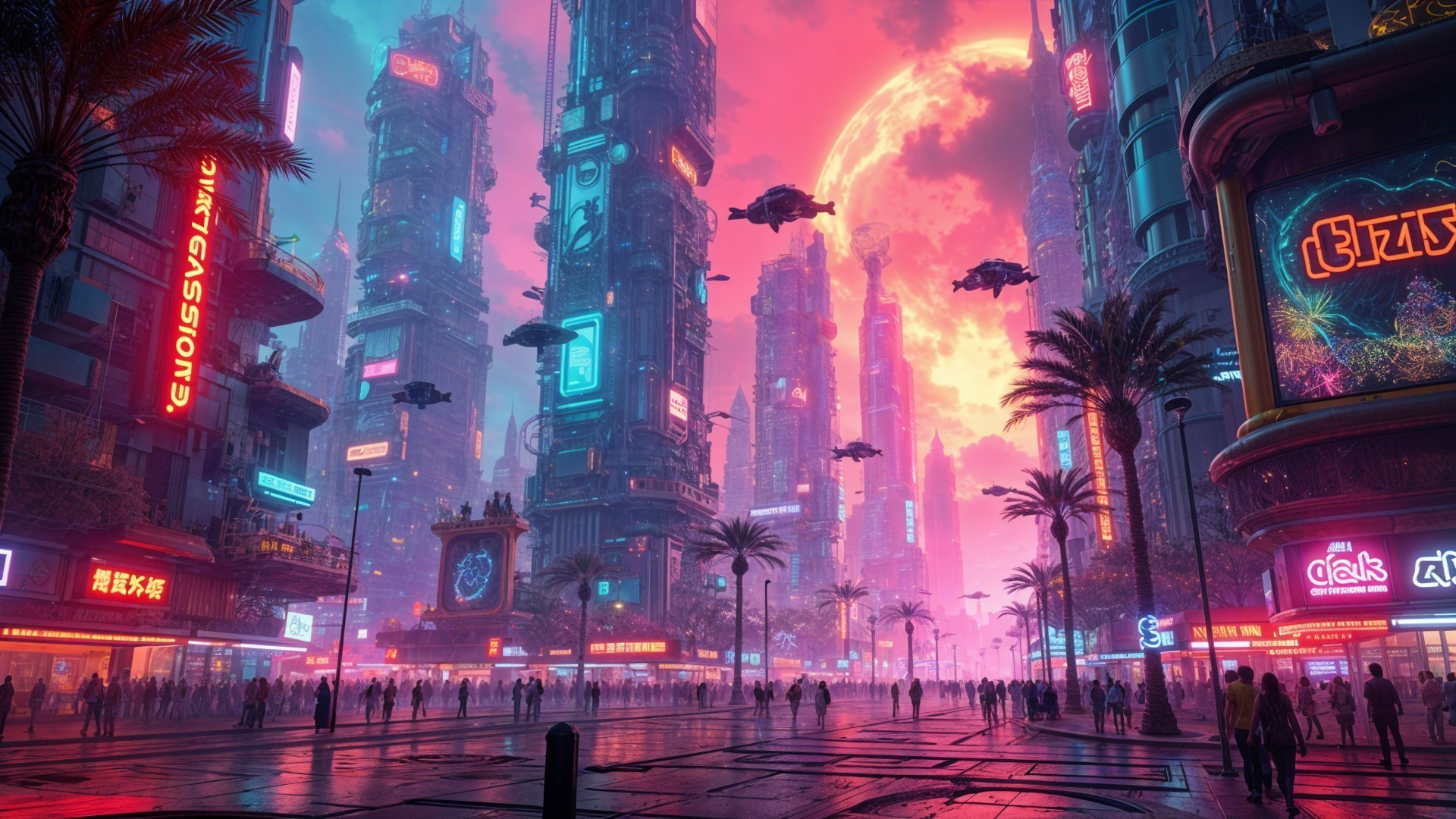 Vibrant Cyberpunk Cityscape at Twilight with Neon Lights
