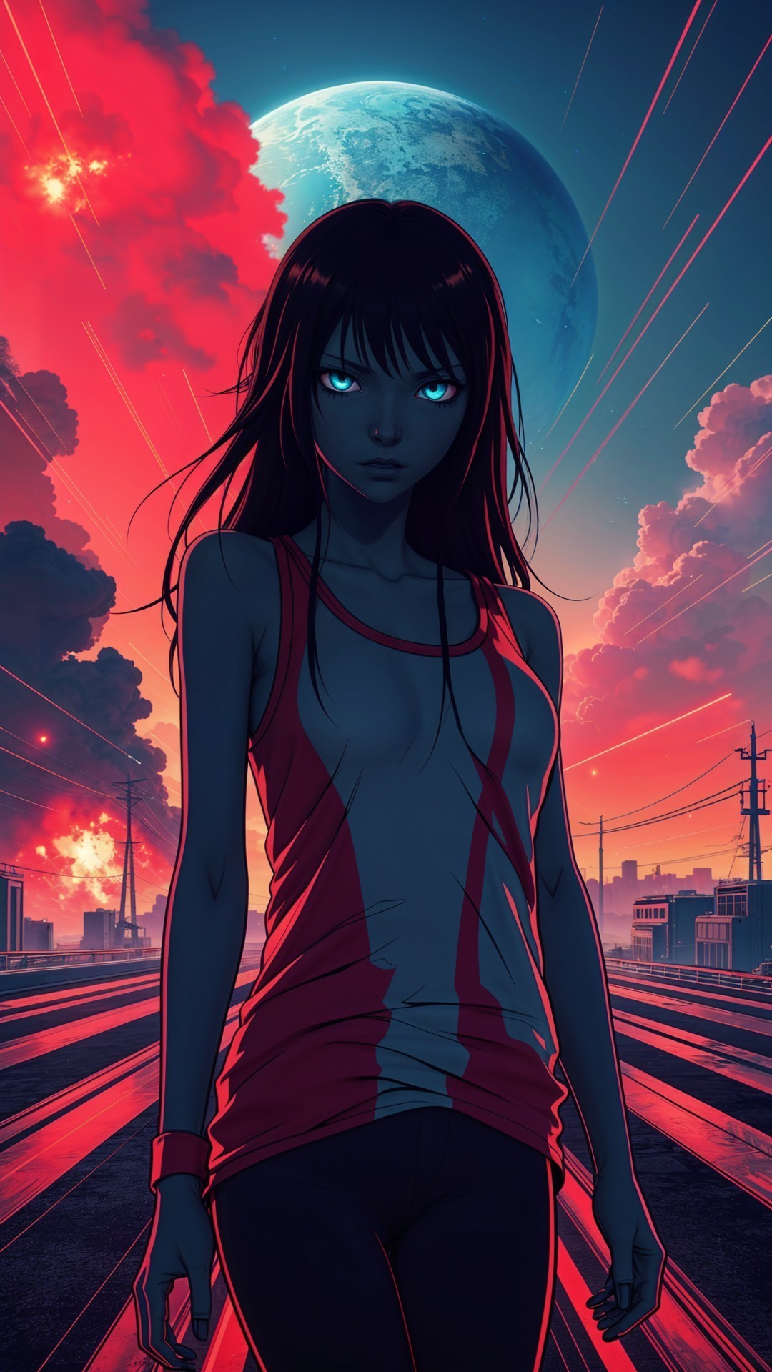 Anime Character on Road with Futuristic City Sunset