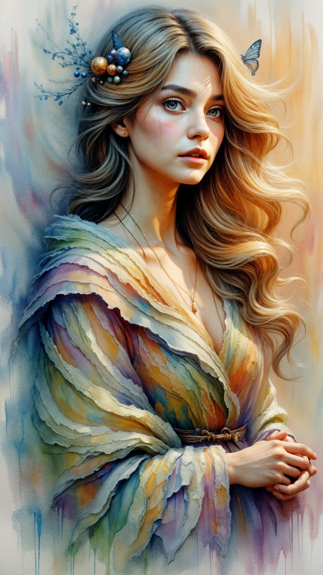 Young woman in multicolored robe with butterflies in hair