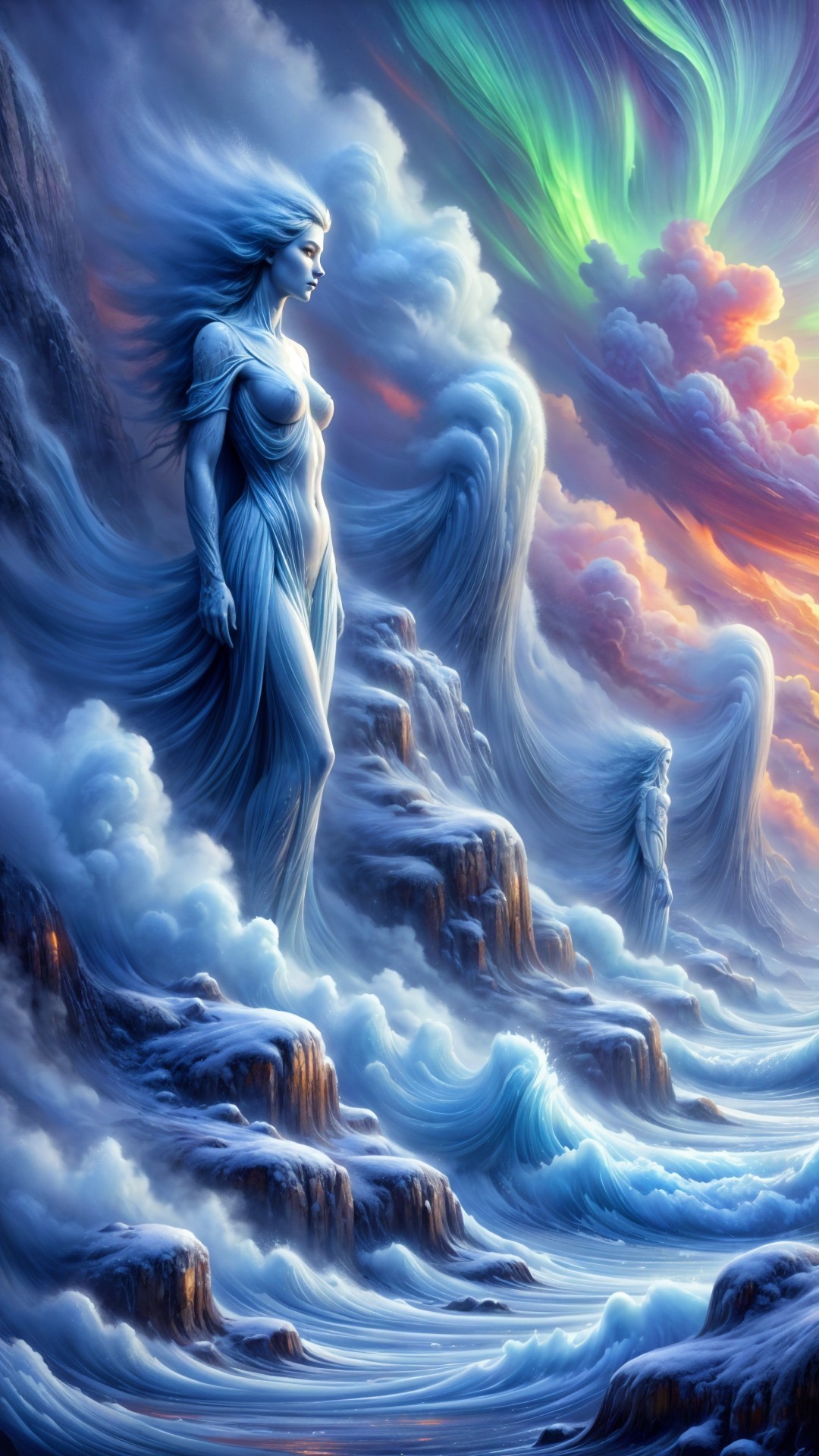 Ethereal Figure Amidst Clouds and Waves in Vibrant Scene