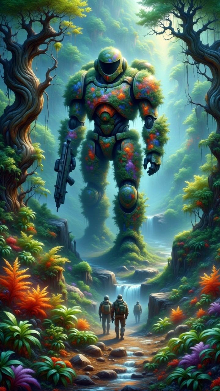 Robotic Figure Surrounded by Nature in Vibrant Forest