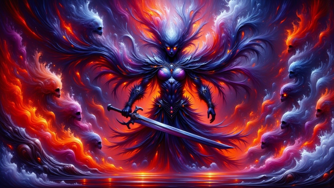 Sinister Sorceress with Sword in Fiery Abstract Clouds