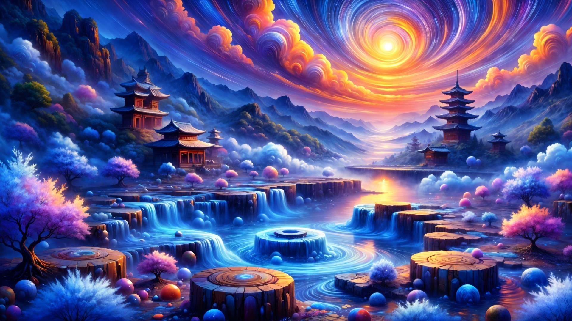 Vibrant landscape with waterfalls, lakes, and pagodas