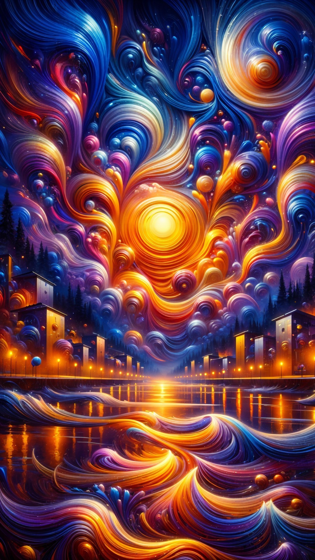 Vibrant Cosmic Scene with Luminous Sun and Reflections
