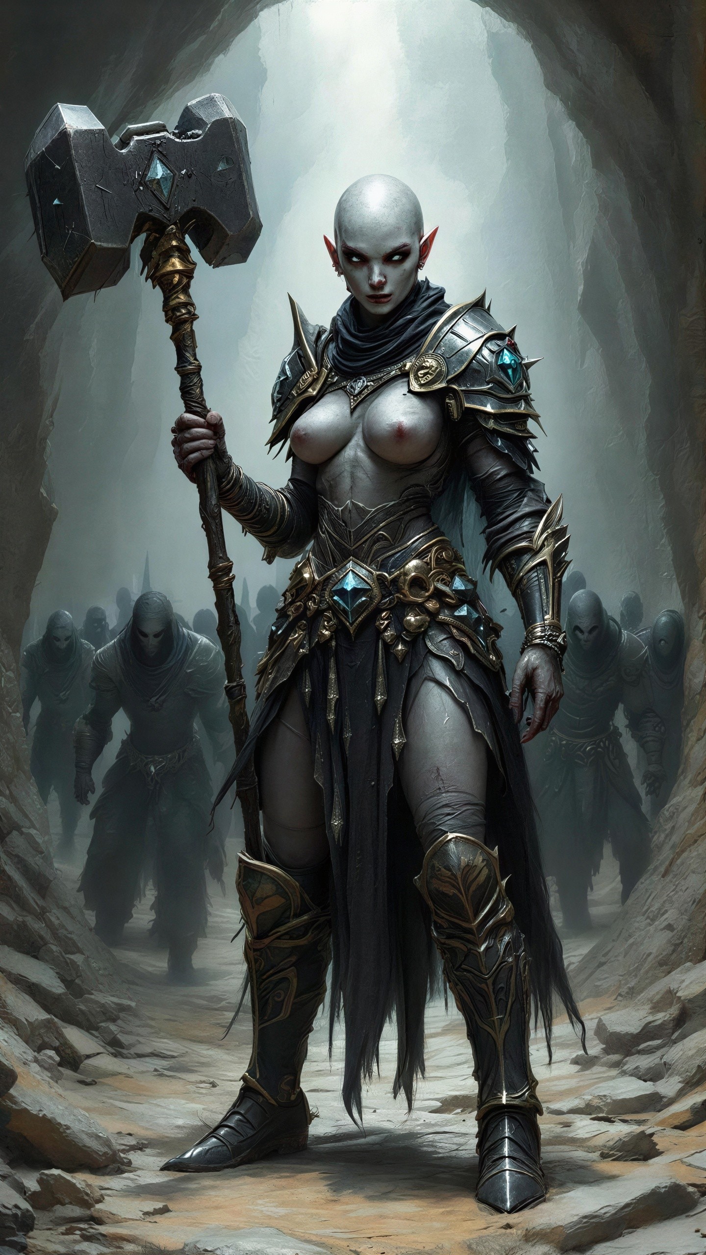 Bald Warrior Woman in Fantasy Armor with War Hammer