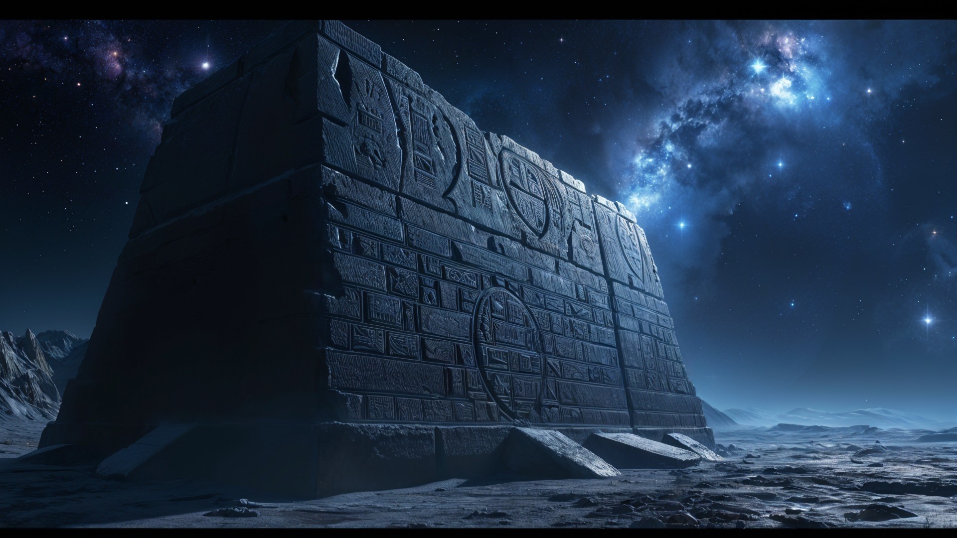 Ancient Stone Structure Under Starry Sky with Symbols