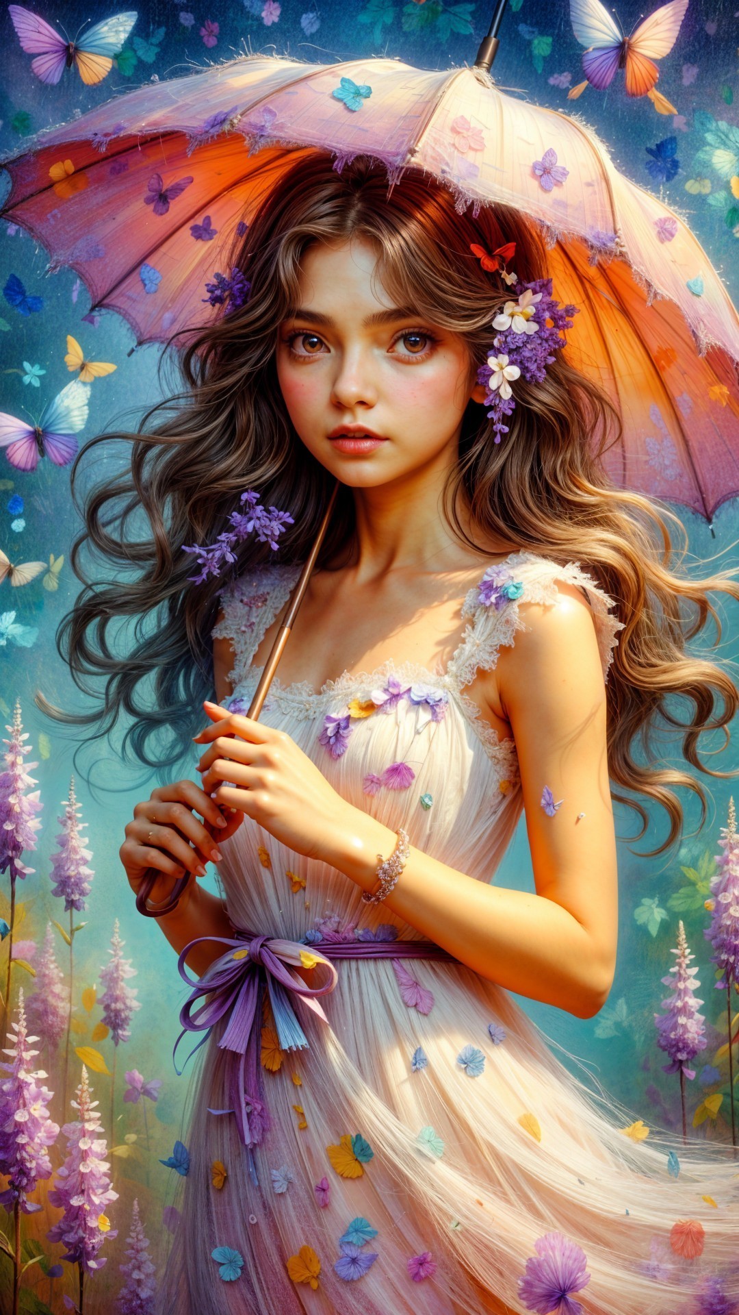 Young woman under ornate umbrella in blooming garden