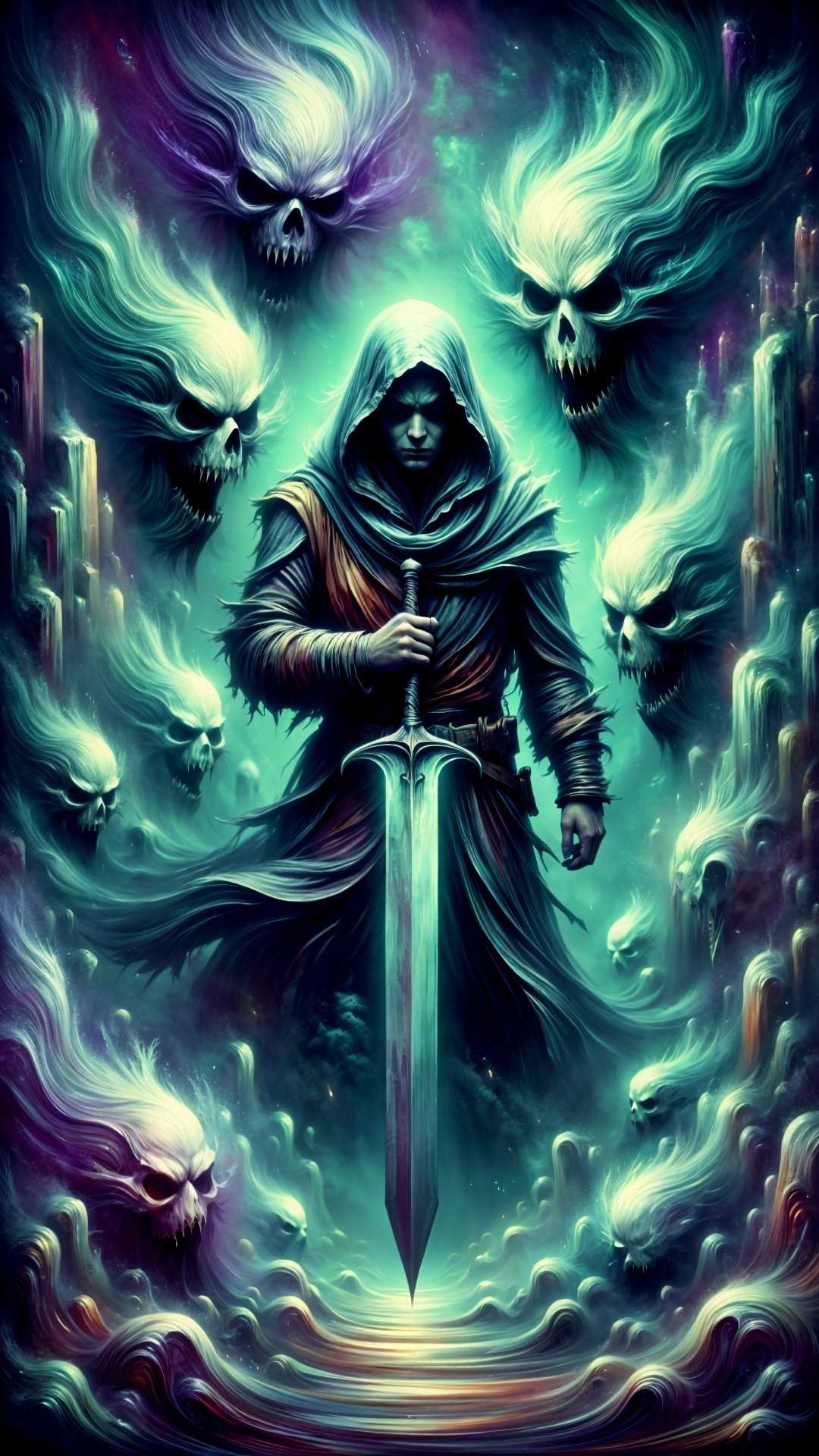 Cloaked Figure with Glowing Sword in Mystical Setting