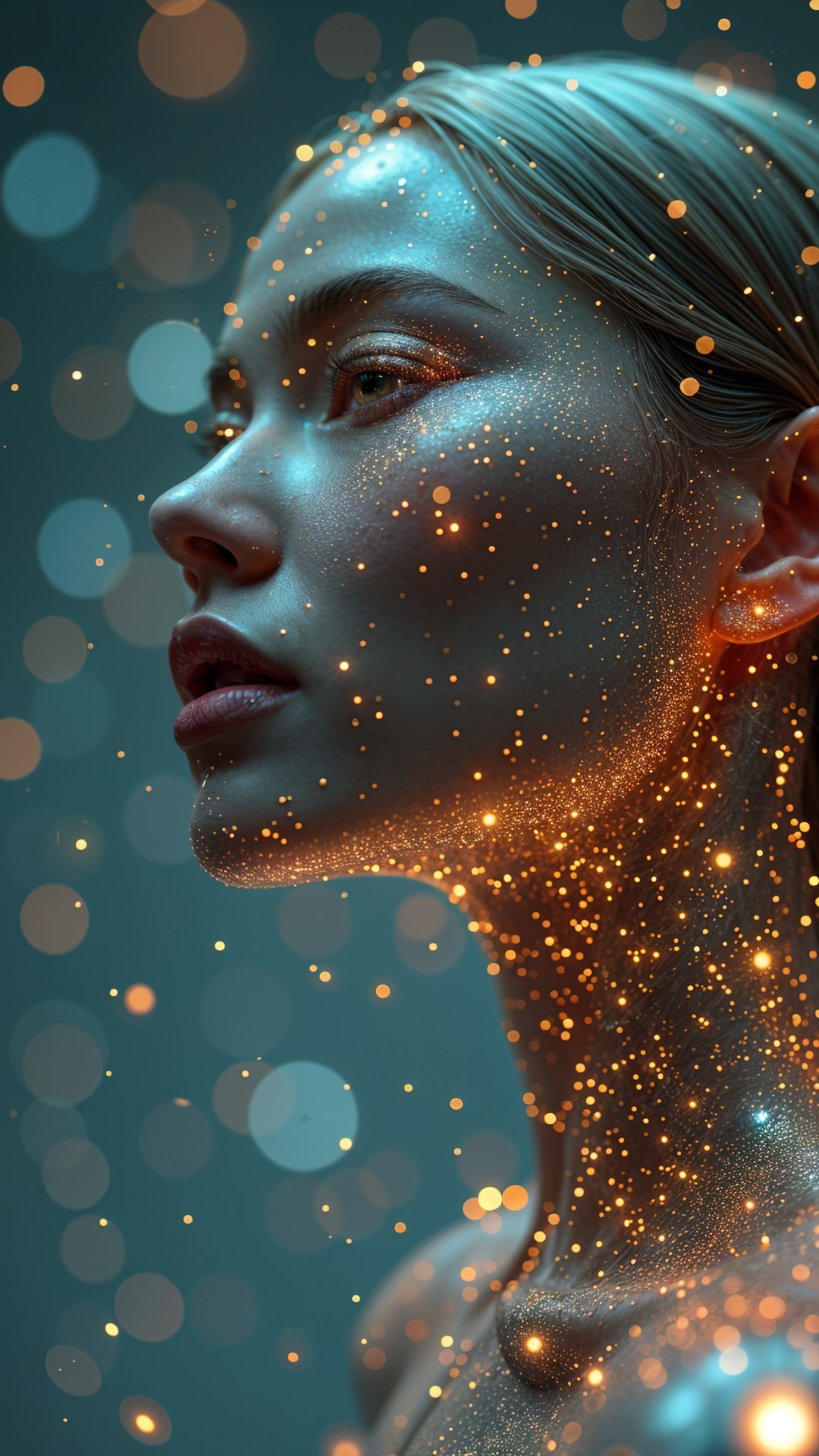 Close-up of a serene young woman with golden sparkles