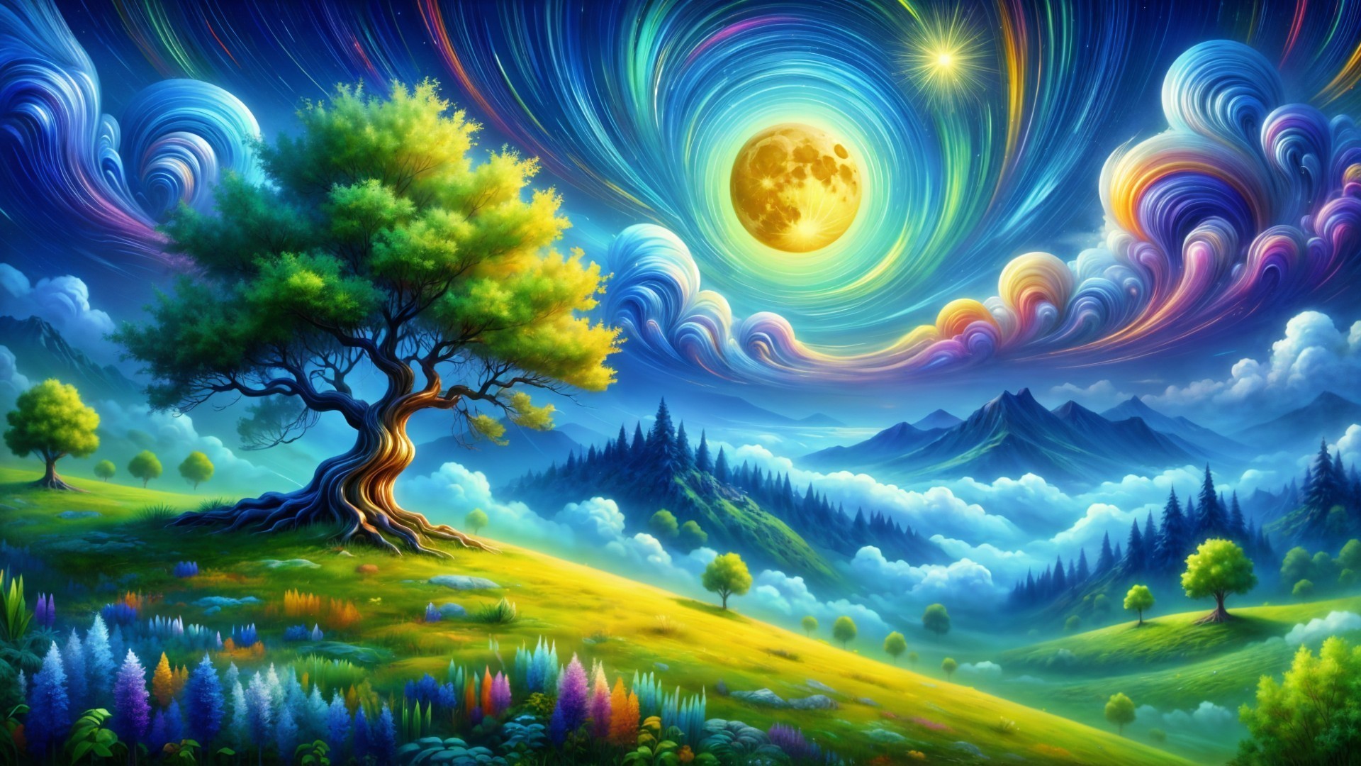 Vibrant Dreamlike Landscape with Majestic Tree and Moon