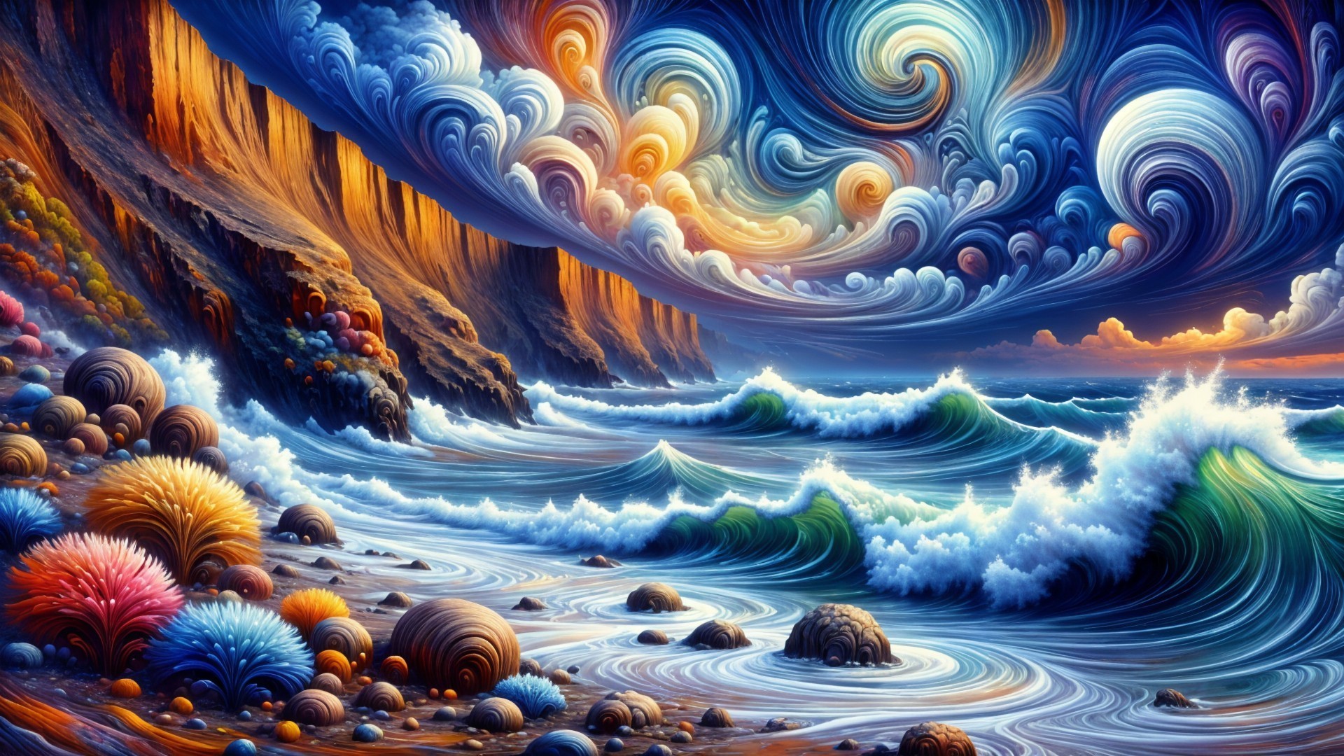 Vibrant Seascape with Colorful Clouds and Cliffs