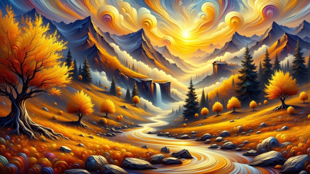 Vibrant Autumn Landscape with Mountains and River