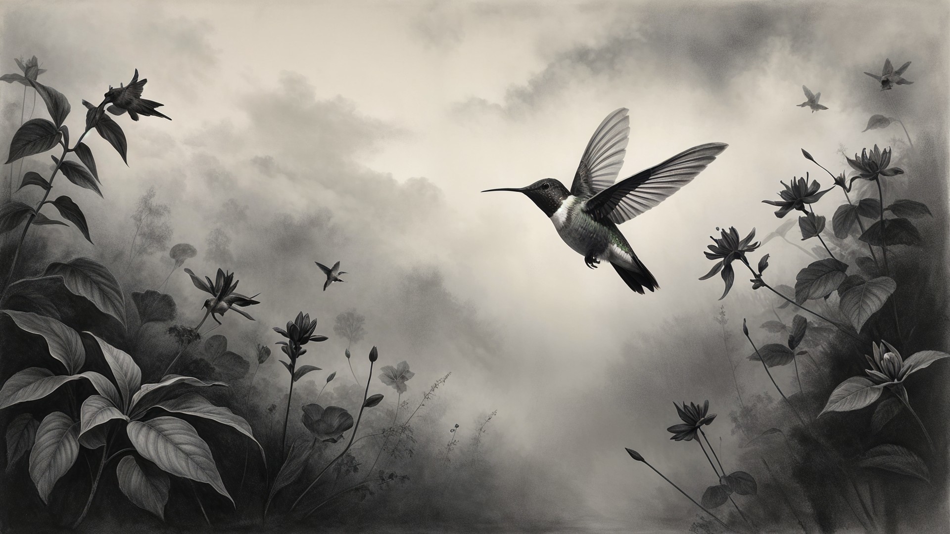 Monochromatic Illustration of Hummingbird in Flight