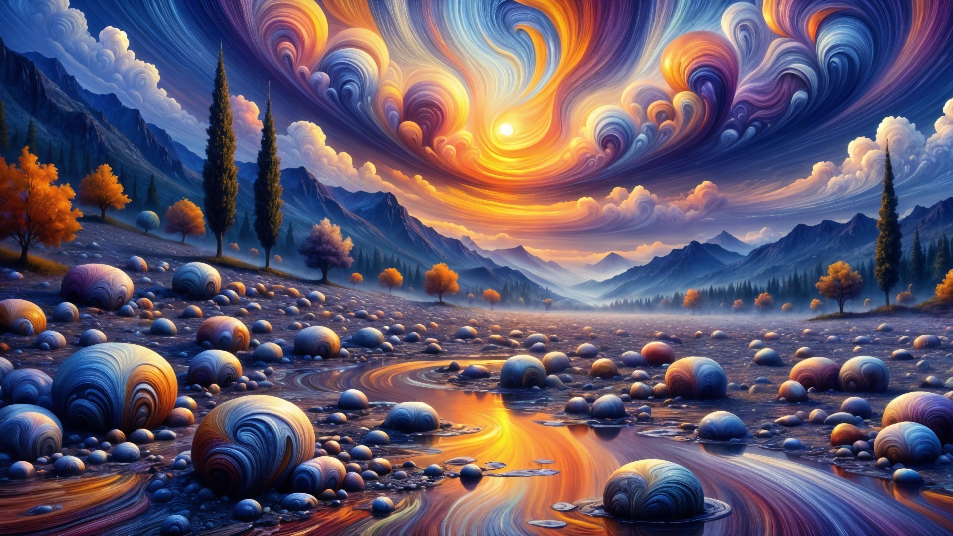 Surreal Landscape with Colorful Clouds and Mountains