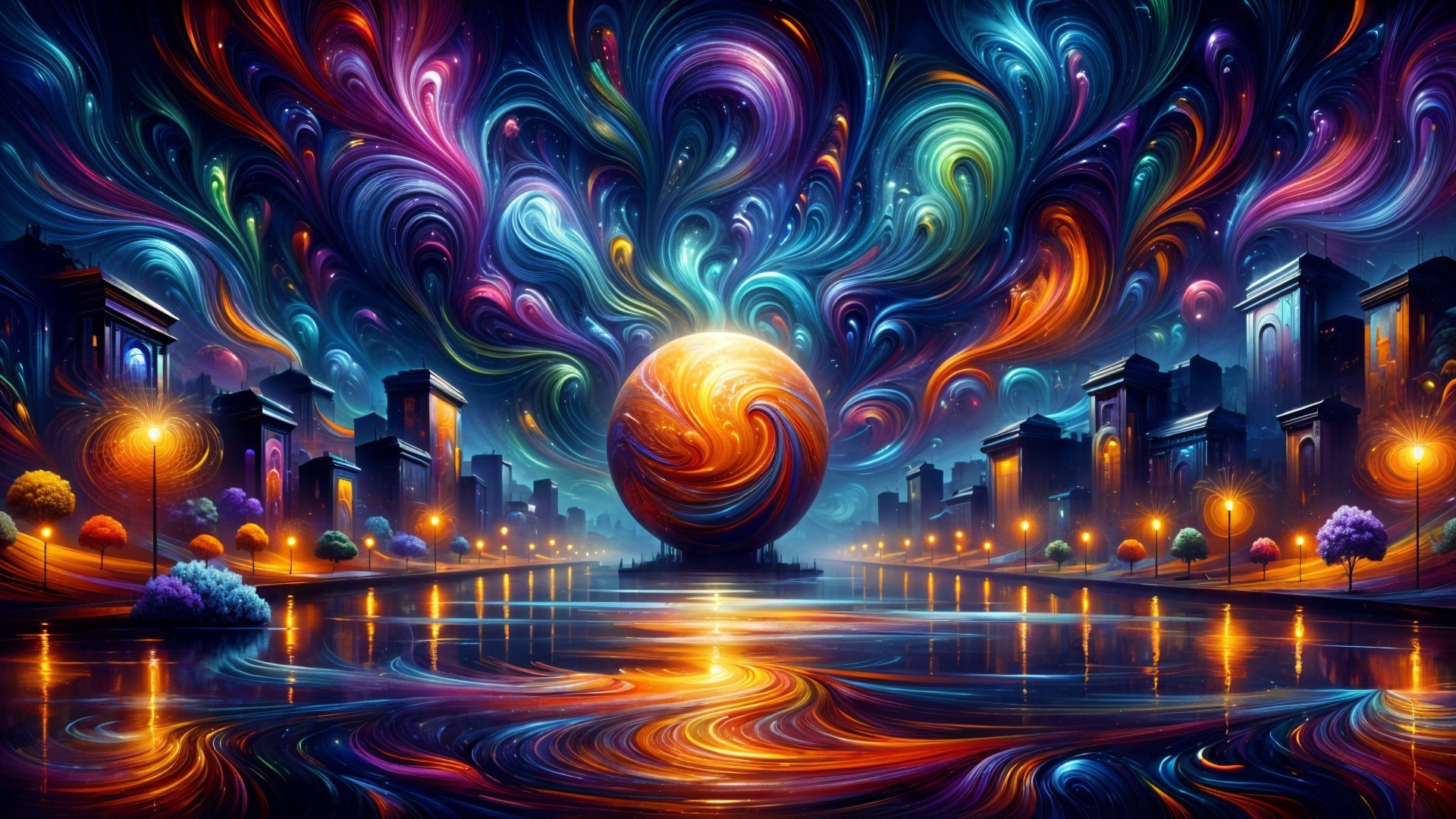 Abstract Cityscape Under Cosmic Sky with Vibrant Colors