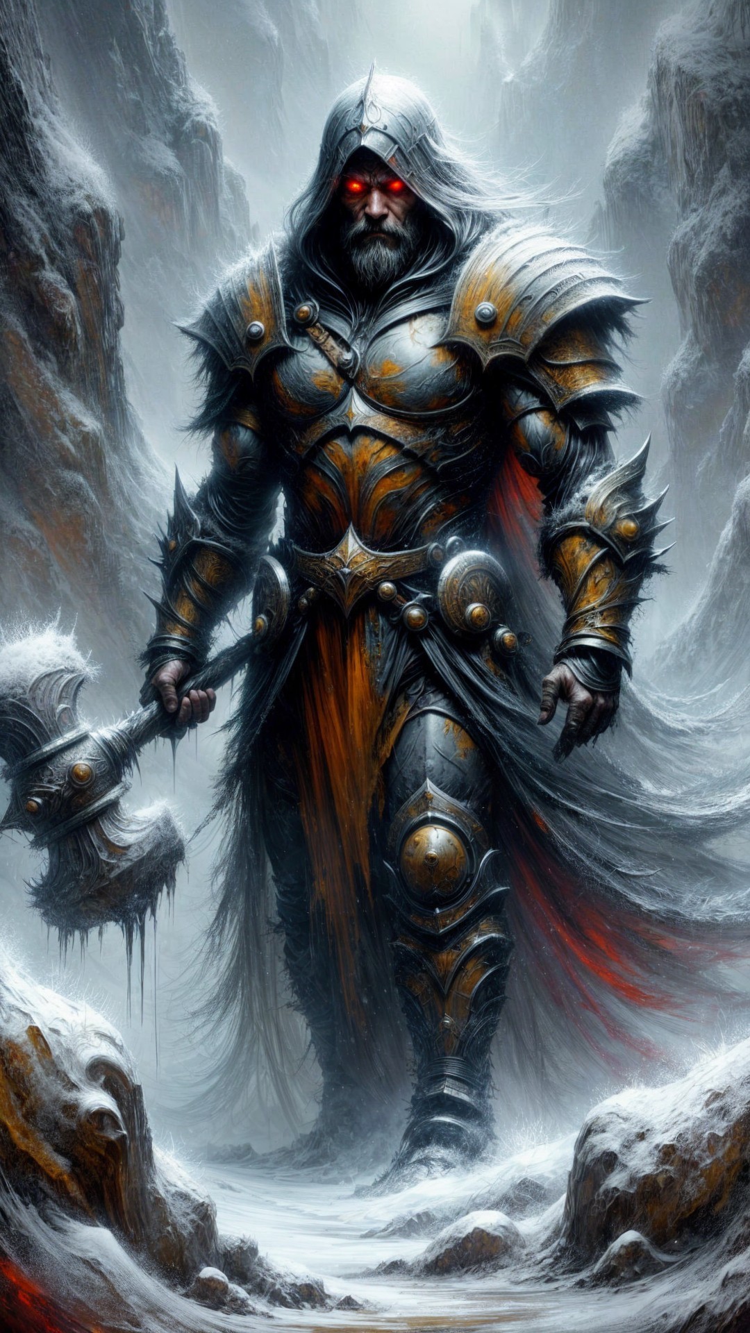 Warrior in Weathered Armor in Frozen Landscape