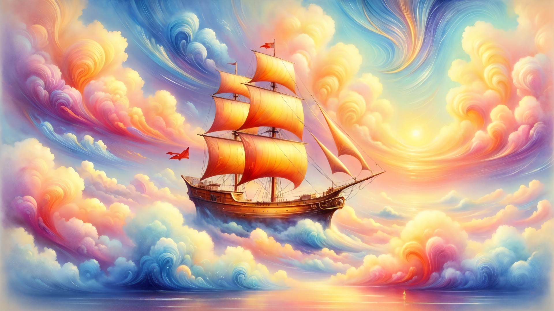 Majestic ship with orange sails in vibrant sky