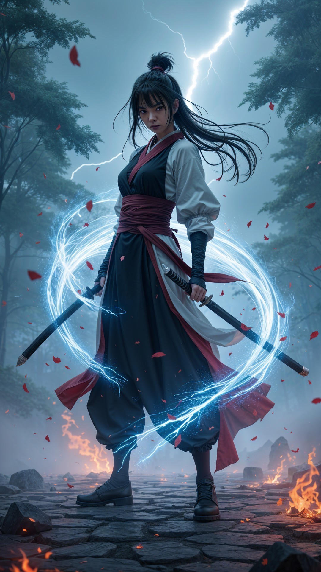 Warrior in Mystical Forest with Dual Swords and Energy