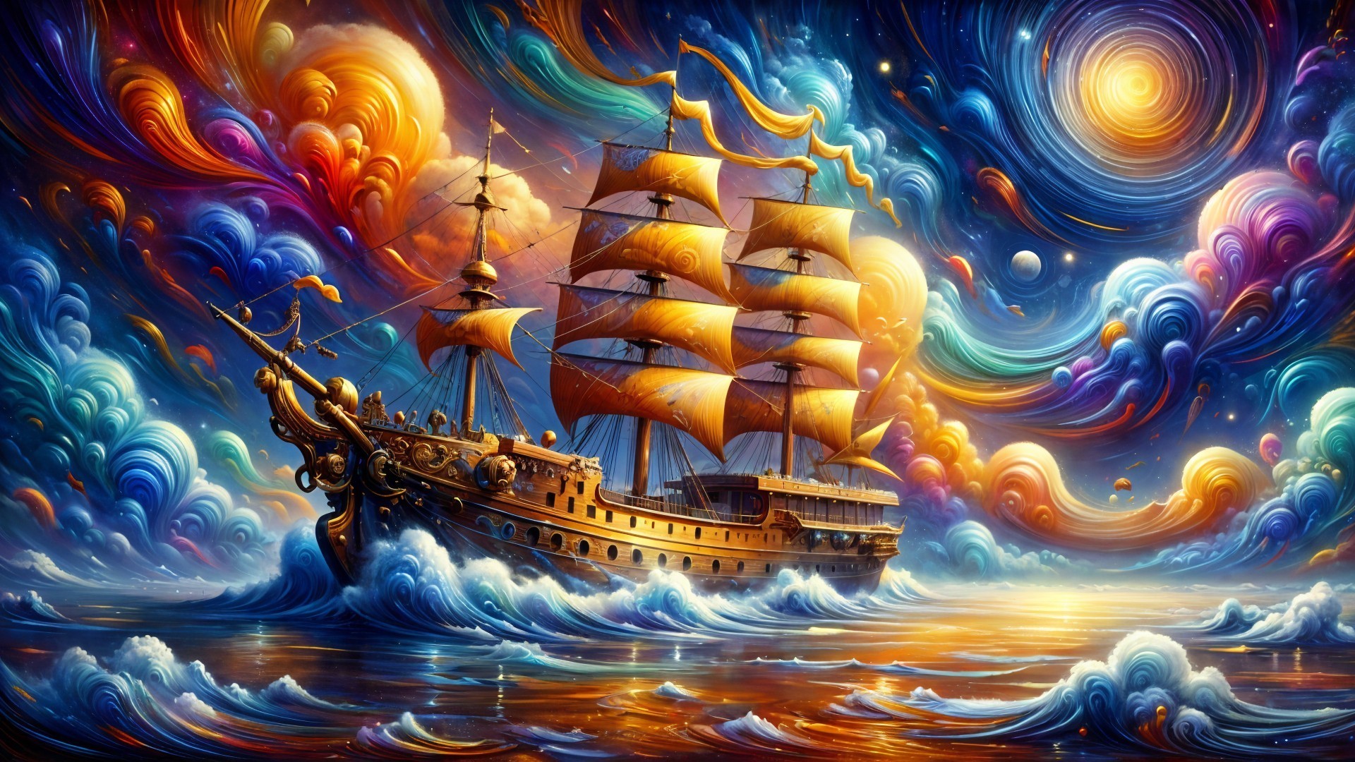 Majestic ship with golden sails in cosmic waters