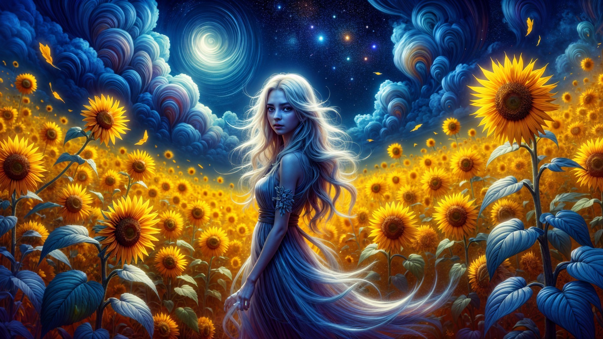 Young Woman in Sunflower Field Under Starry Sky