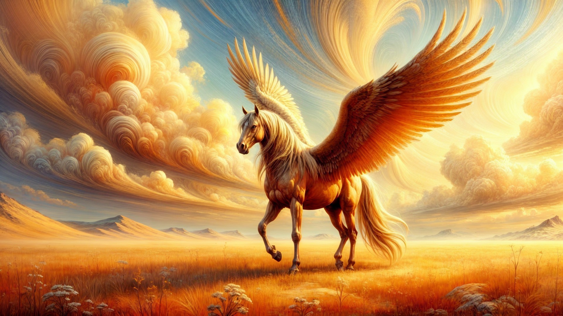 Winged Horse in Sunlit Golden Landscape with Flowers