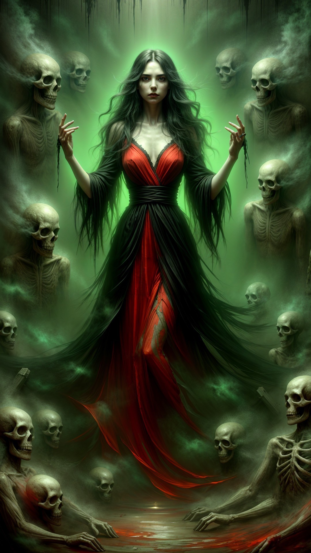 Mysterious Figure in Red Gown Surrounded by Skeletal Figures