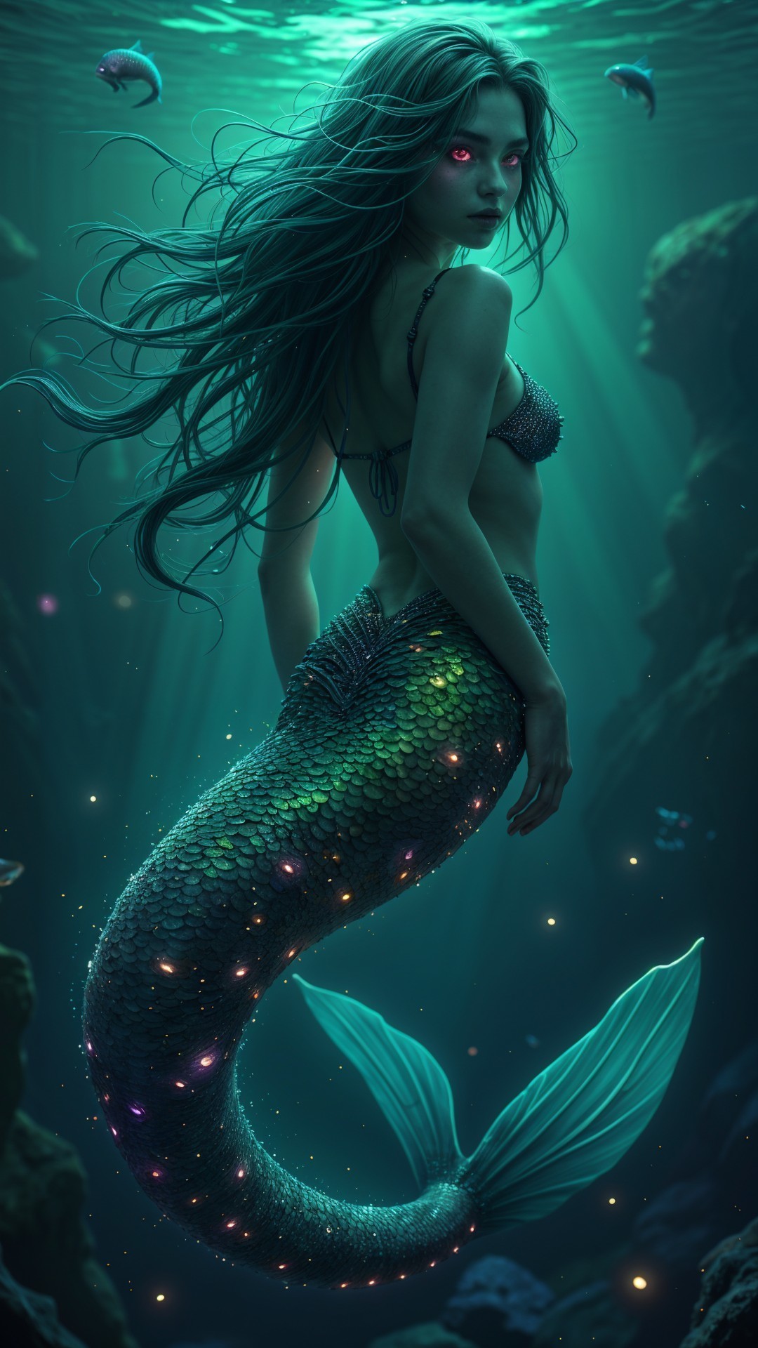 Underwater Scene with Mermaid and Colorful Fish