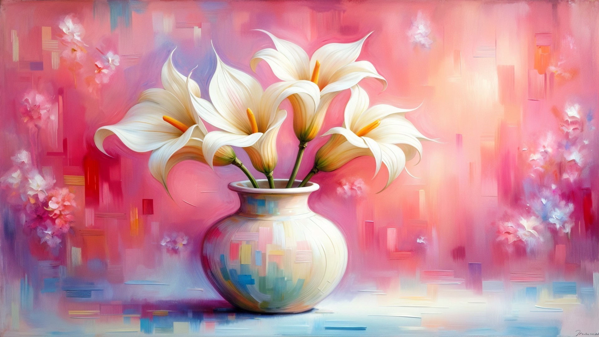 Vibrant Painting of White Lilies in a Vase