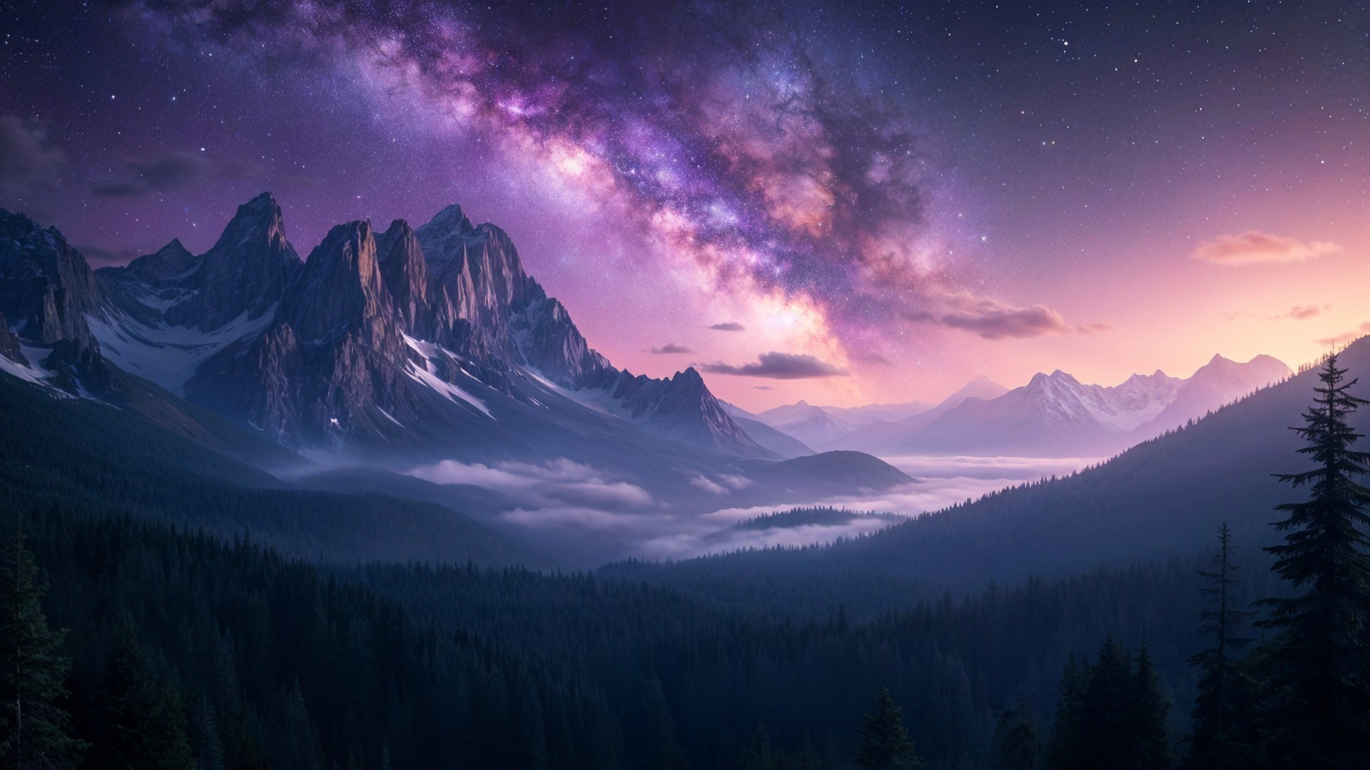 Majestic Mountains and Vibrant Night Sky Landscape