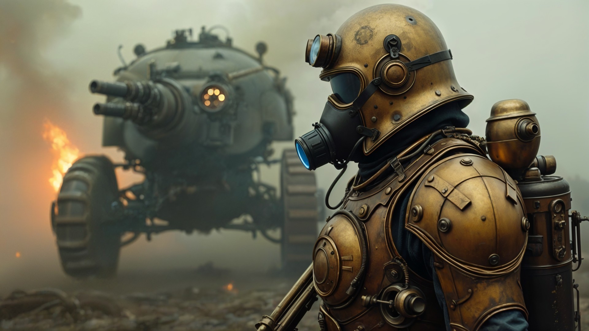 Steampunk Soldier in Post-Apocalyptic Landscape