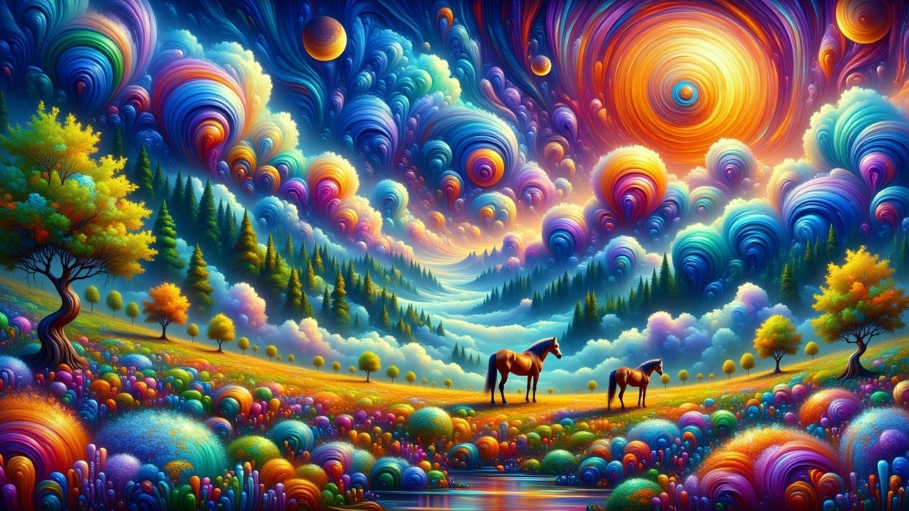 Surreal Landscape with Colorful Horses and Meadow