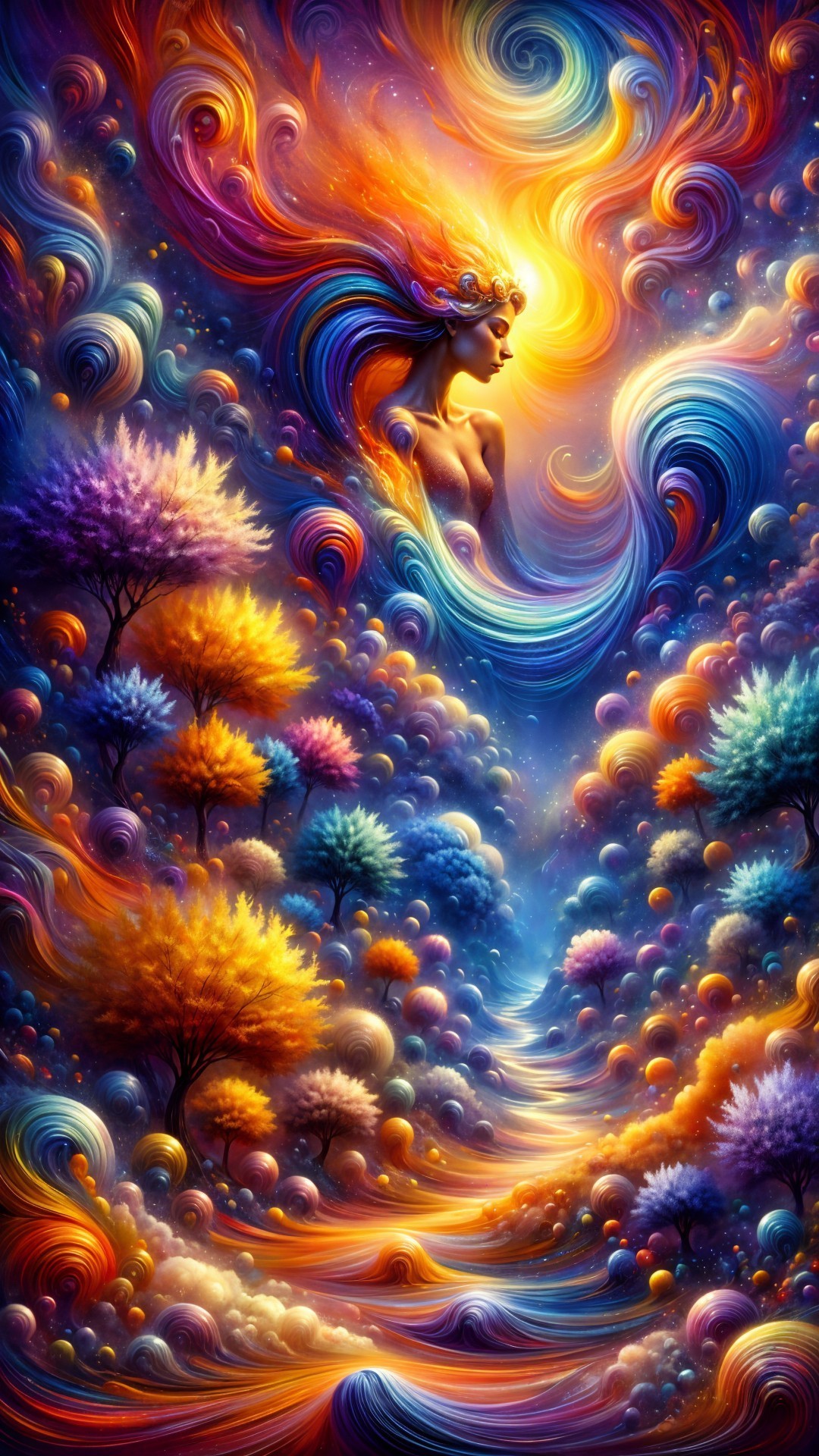 Surreal Landscape with Colorful Trees and Luminous Figure