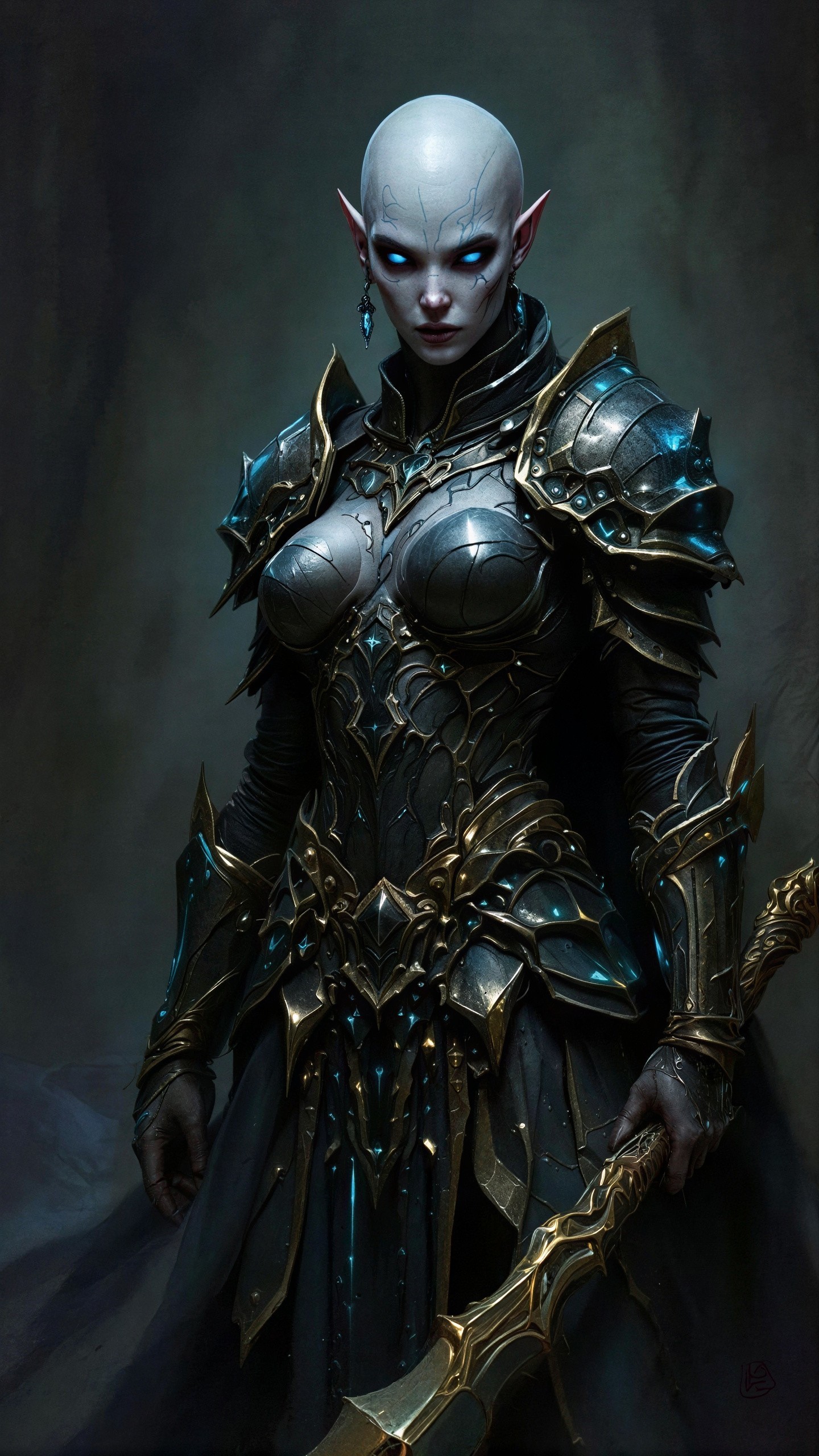 Bald Elf-Like Lady in Dark Golden Armor with Sword