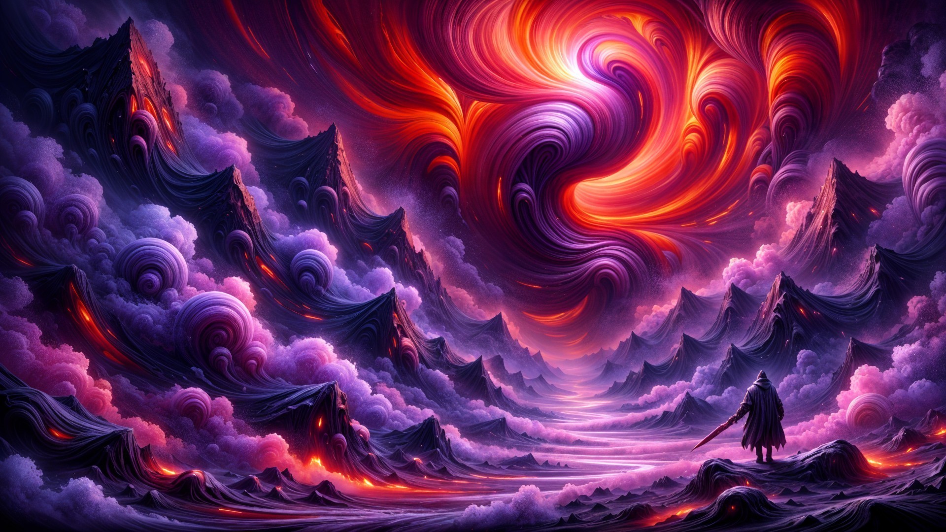 Vibrant Landscape with Jagged Mountains and Cloaked Figure