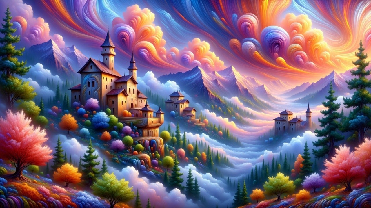 Vibrant Fantastical Landscape with Whimsical Castles
