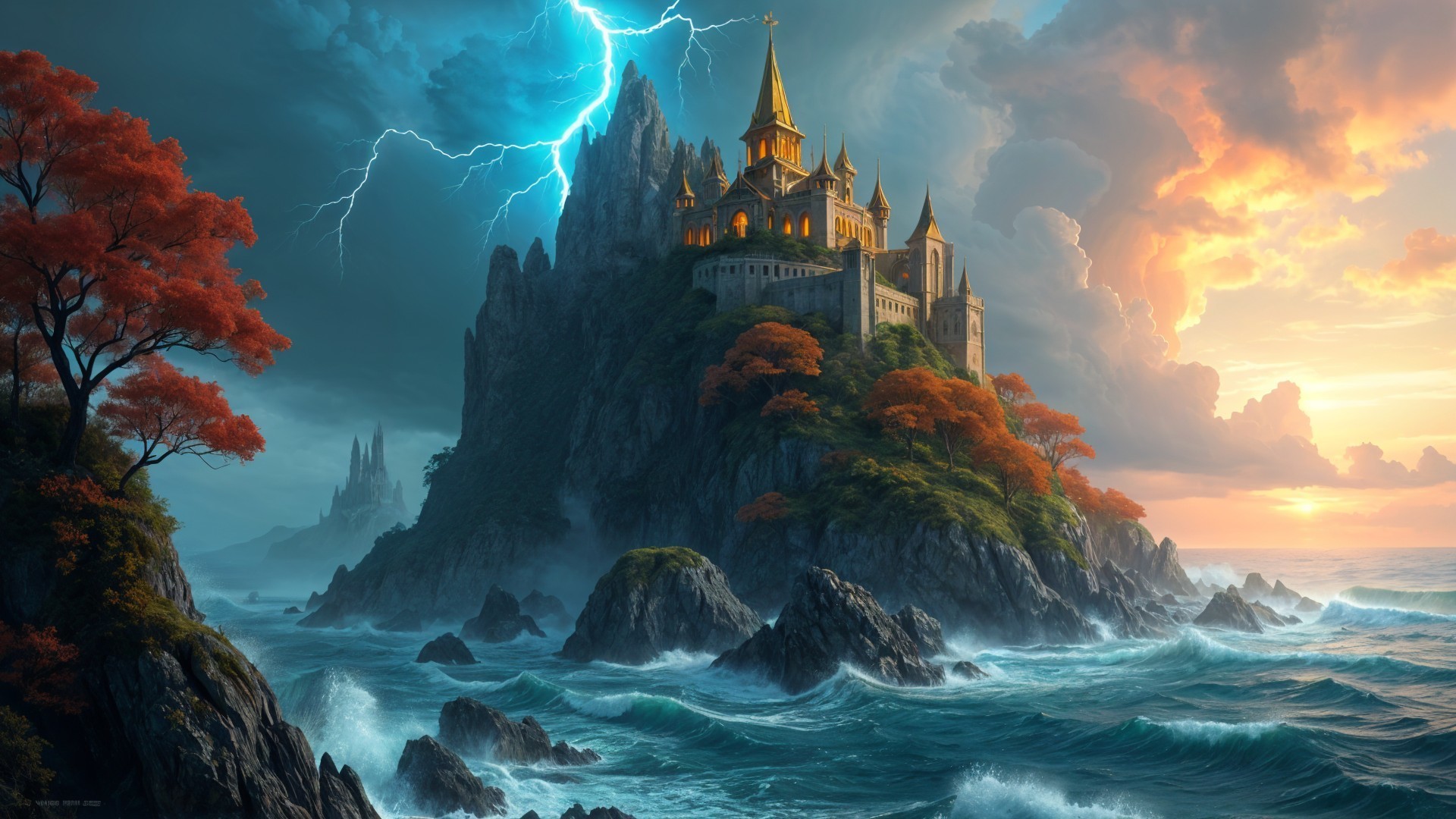 Castle on Cliff with Autumn Trees and Stormy Sky