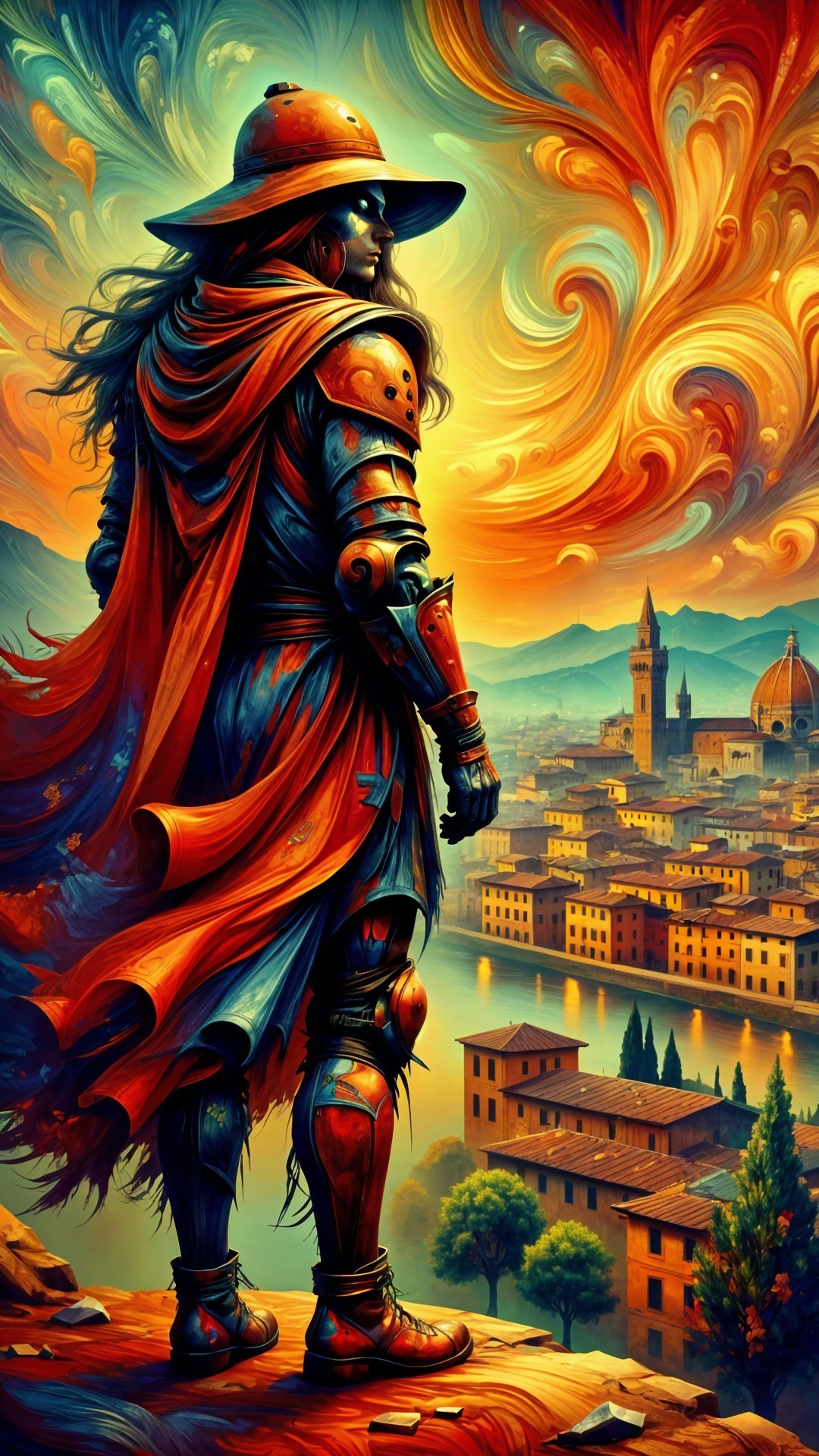 Knight in Armor Overlooking Vibrant Cityscape